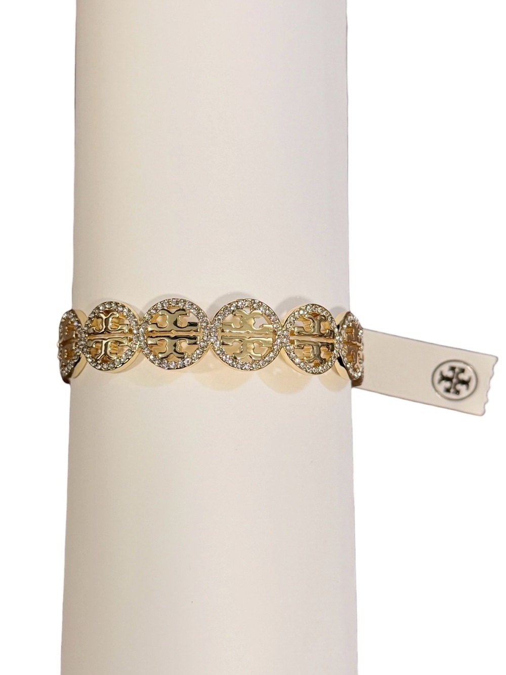 Tory Burch Miller Pave Cuff Double T Logo Bangle Bracelet Gold/Rhinestone NWT
